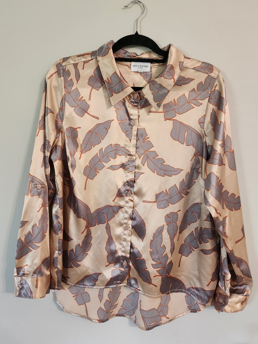 White Rhino Satin Taupe Feather Pattern Button Down Top
